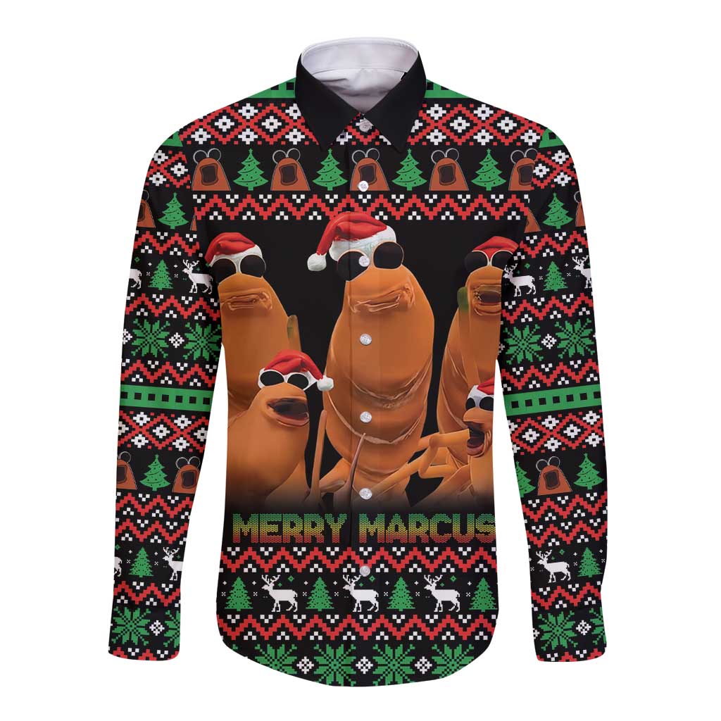 Marcus The Worm Christmas Long Sleeve Button Shirt Funny Gen Alpha Meme Slang - Wonder Print Shop