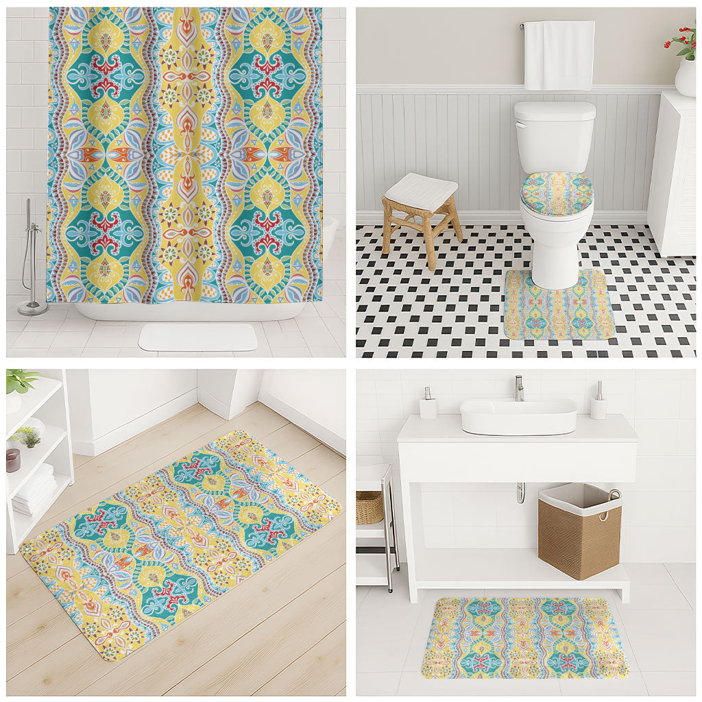 Indian Mandala Pattern Bathroom Set Yellow Geometric Floral Mandala