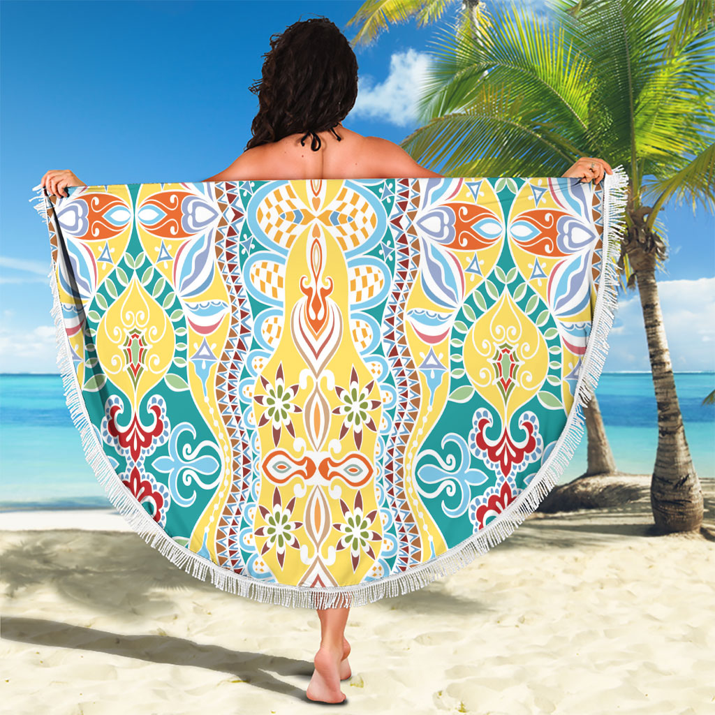 Indian Mandala Pattern Beach Blanket Yellow Geometric Floral Mandala
