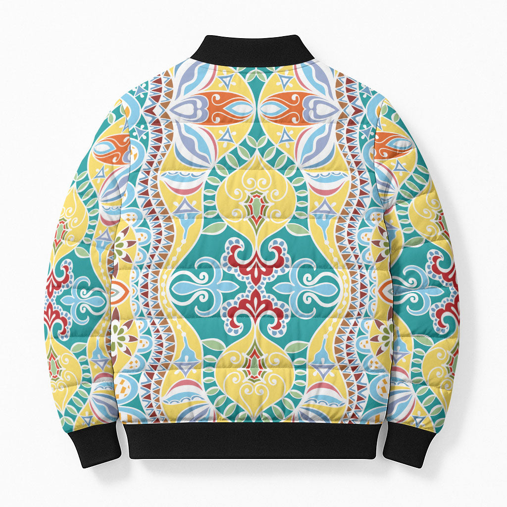 Indian Mandala Pattern Bomber Puffer Jacket Yellow Geometric Floral Mandala