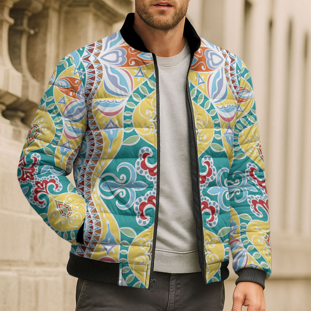 Indian Mandala Pattern Bomber Puffer Jacket Yellow Geometric Floral Mandala
