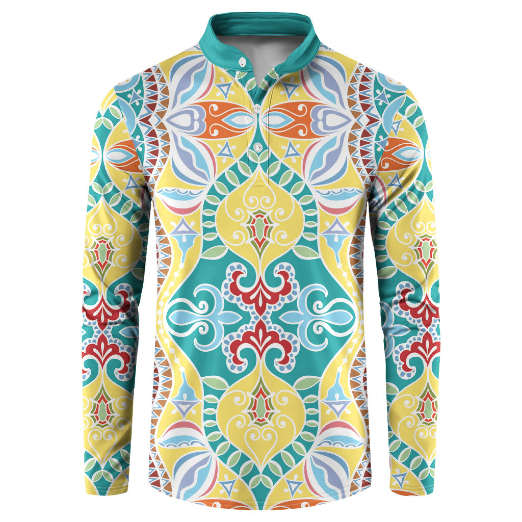 Indian Mandala Pattern Button Sweatshirt Yellow Geometric Floral Mandala
