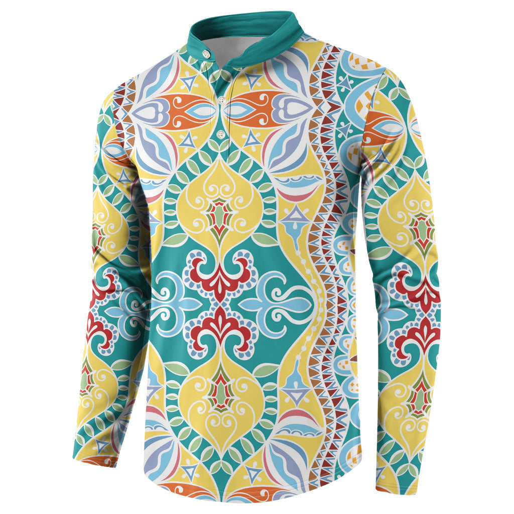 Indian Mandala Pattern Button Sweatshirt Yellow Geometric Floral Mandala