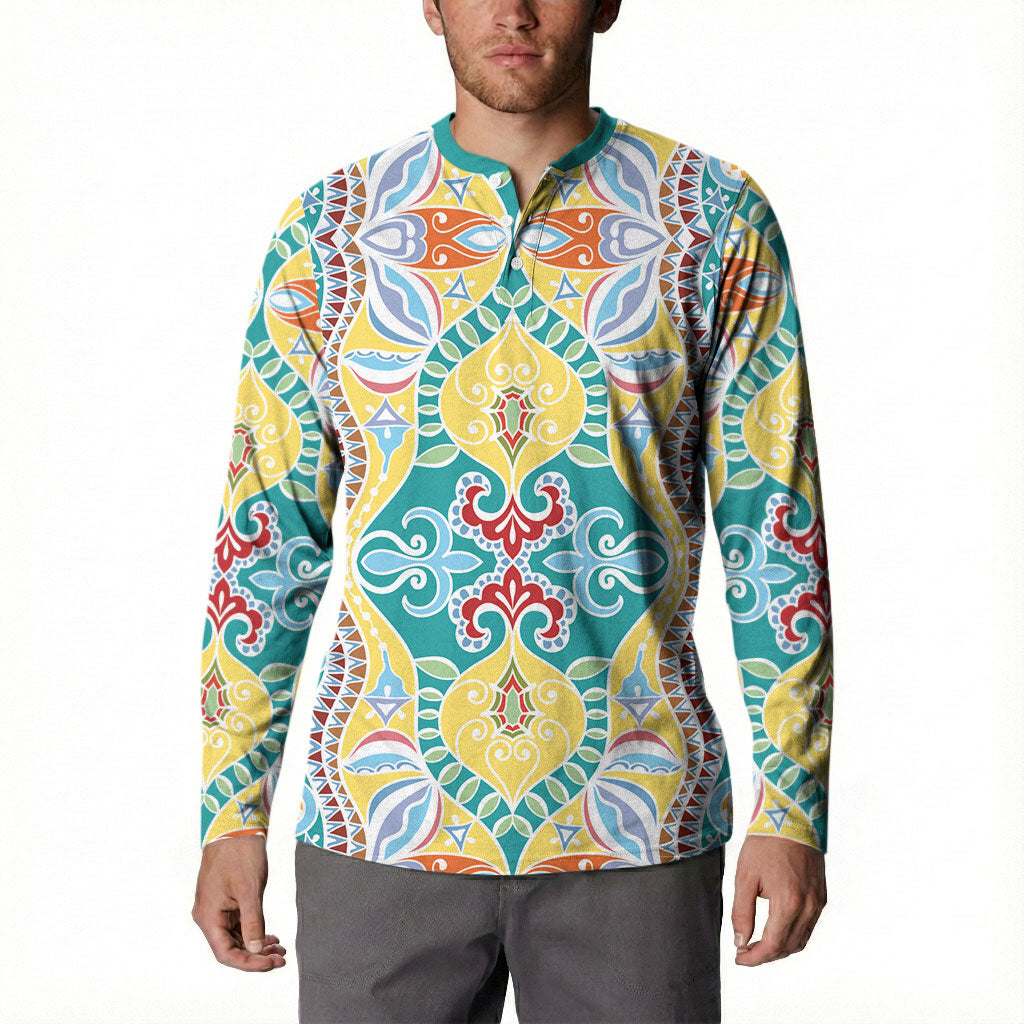 Indian Mandala Pattern Button Sweatshirt Yellow Geometric Floral Mandala