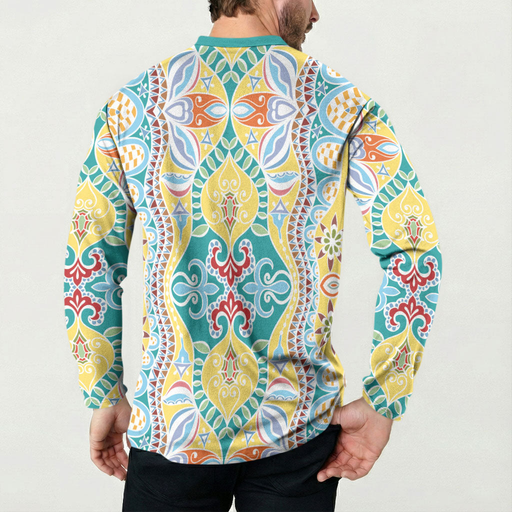 Indian Mandala Pattern Button Sweatshirt Yellow Geometric Floral Mandala