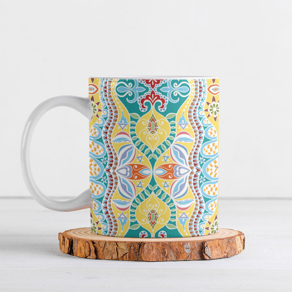 Indian Mandala Pattern Ceramic Mug Yellow Geometric Floral Mandala