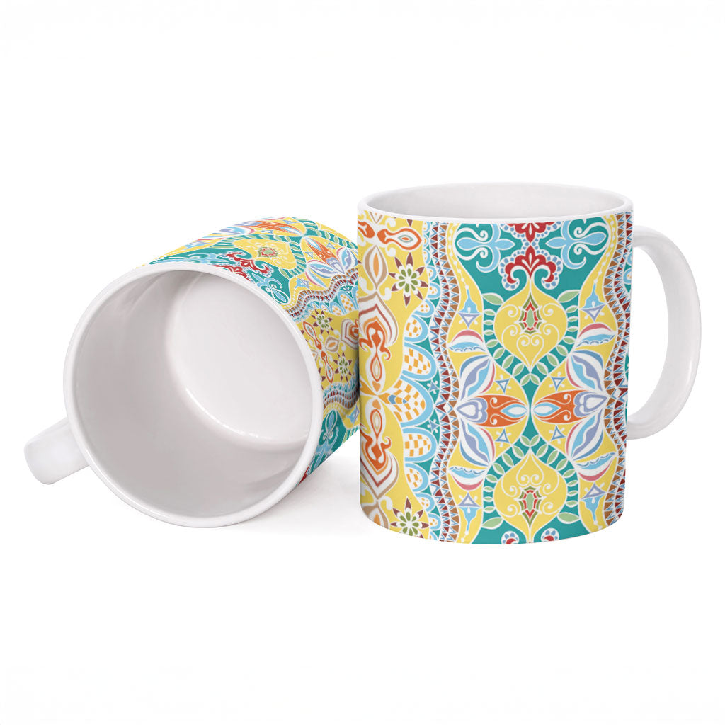 Indian Mandala Pattern Ceramic Mug Yellow Geometric Floral Mandala