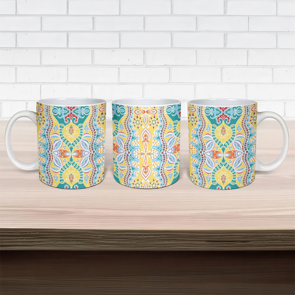 Indian Mandala Pattern Ceramic Mug Yellow Geometric Floral Mandala