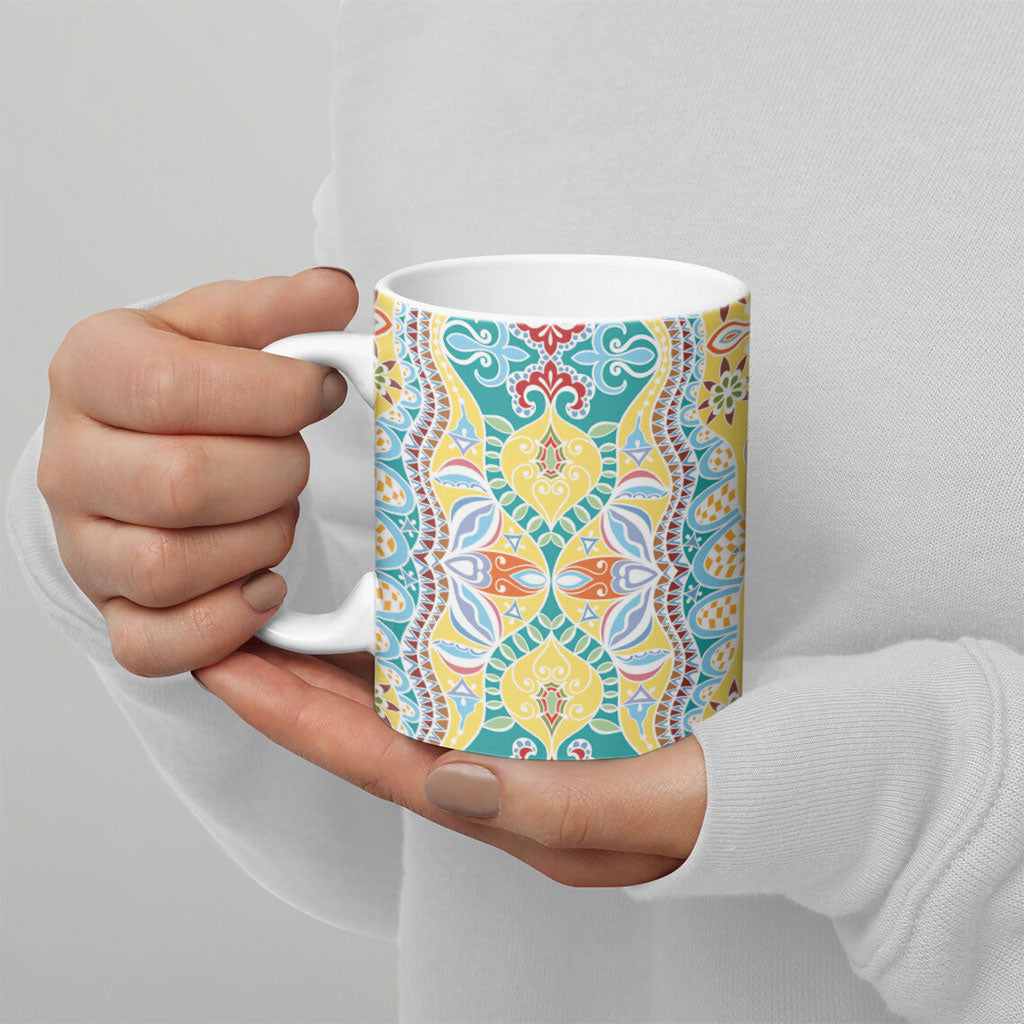 Indian Mandala Pattern Ceramic Mug Yellow Geometric Floral Mandala