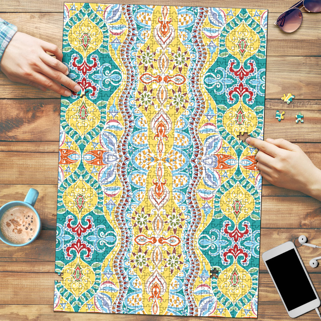 Indian Mandala Pattern Puzzle Yellow Geometric Floral Mandala