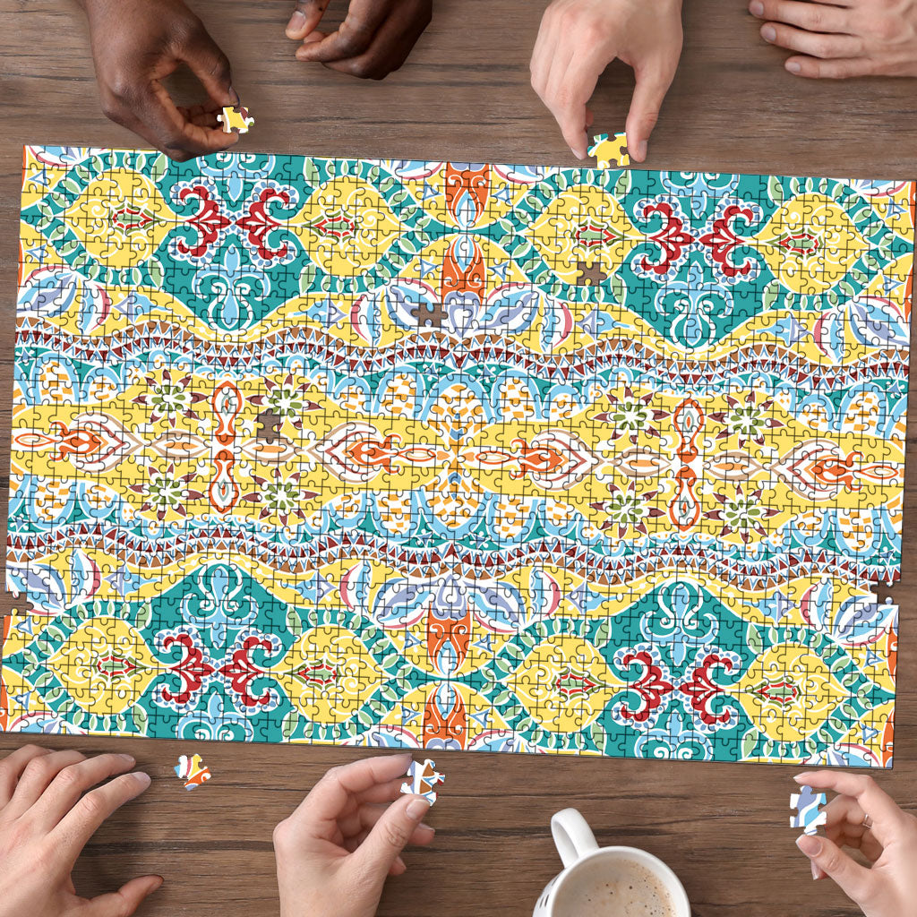 Indian Mandala Pattern Puzzle Yellow Geometric Floral Mandala