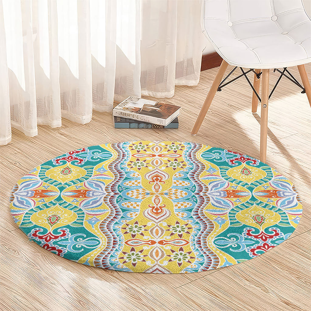 Indian Mandala Pattern Round Carpet Yellow Geometric Floral Mandala