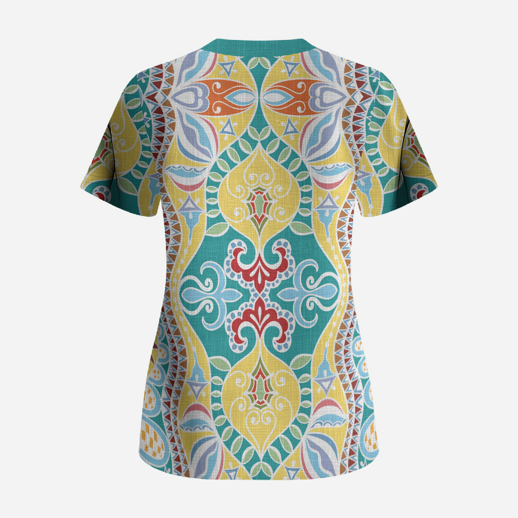 Indian Mandala Pattern Scrub Top Yellow Geometric Floral Mandala