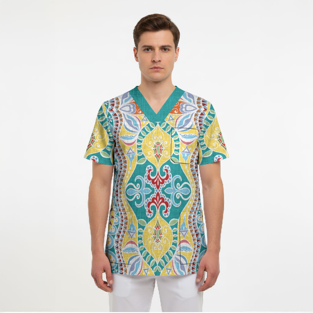 Indian Mandala Pattern Scrub Top Yellow Geometric Floral Mandala