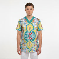 Indian Mandala Pattern Scrub Top Yellow Geometric Floral Mandala