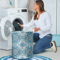 Indian Mandala Pattern Laundry Basket Blue Geometric Floral Mandala