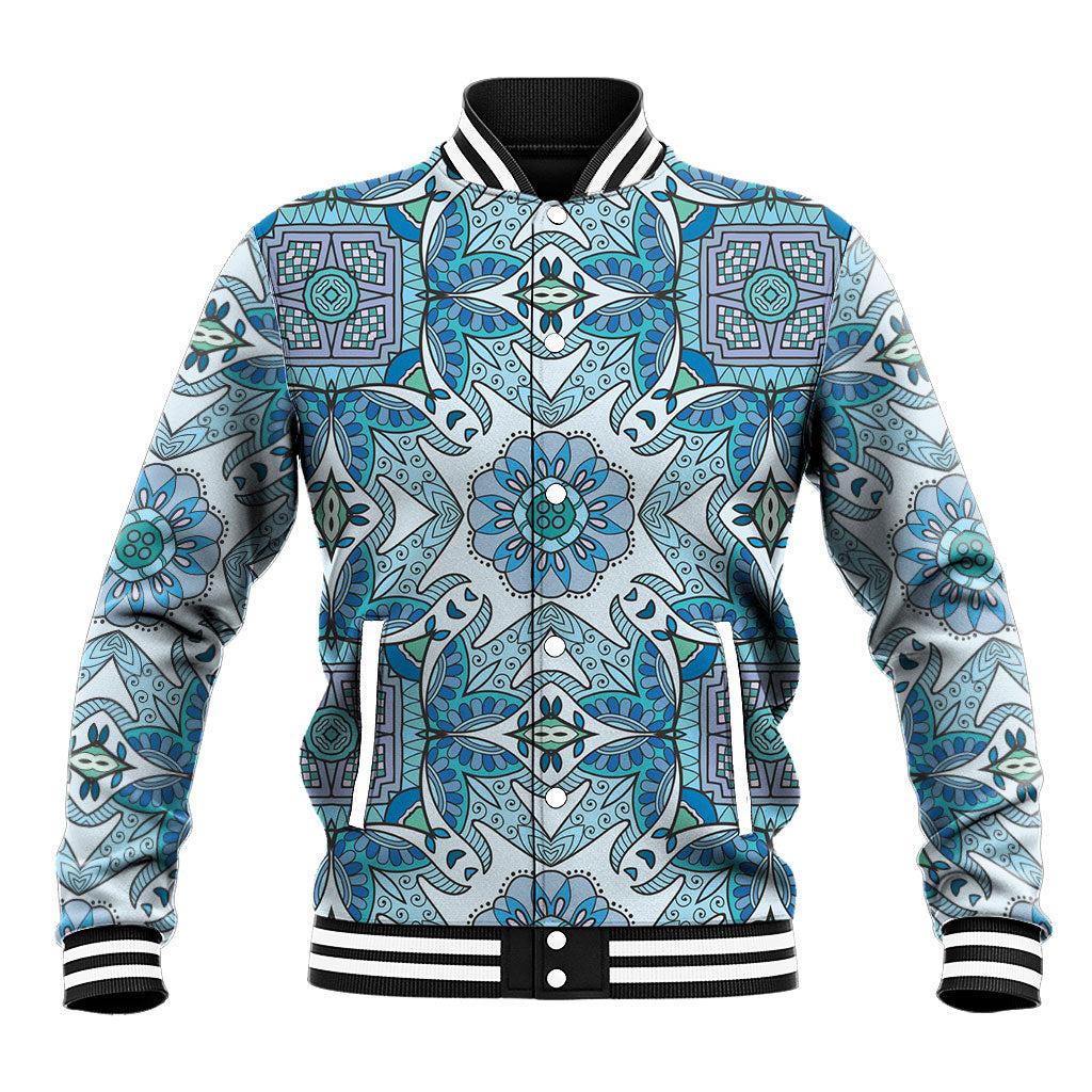 Indian Mandala Pattern Baseball Jacket Blue Geometric Floral Mandala