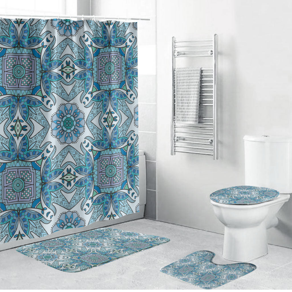 Indian Mandala Pattern Bathroom Set Blue Geometric Floral Mandala