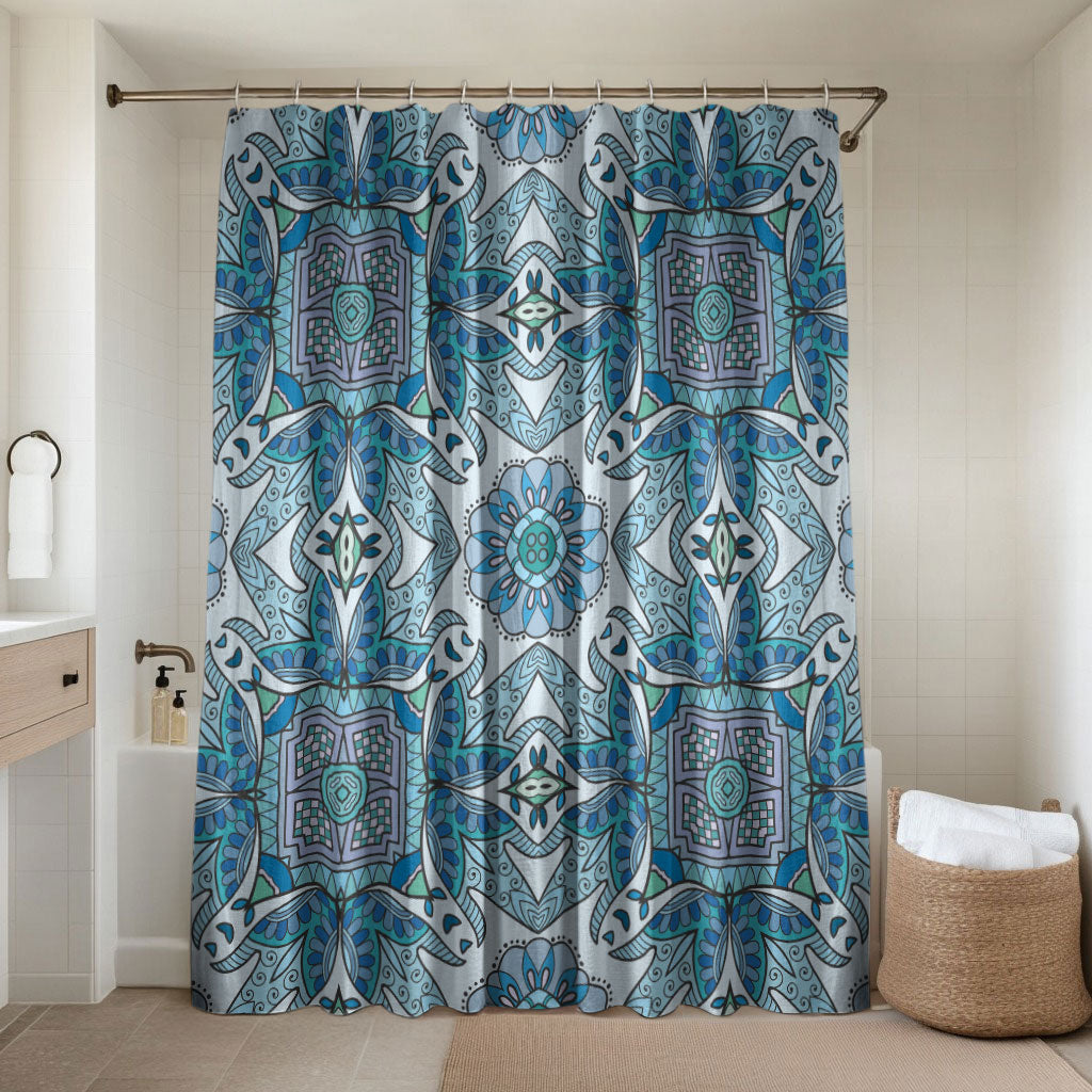 Indian Mandala Pattern Bathroom Set Blue Geometric Floral Mandala