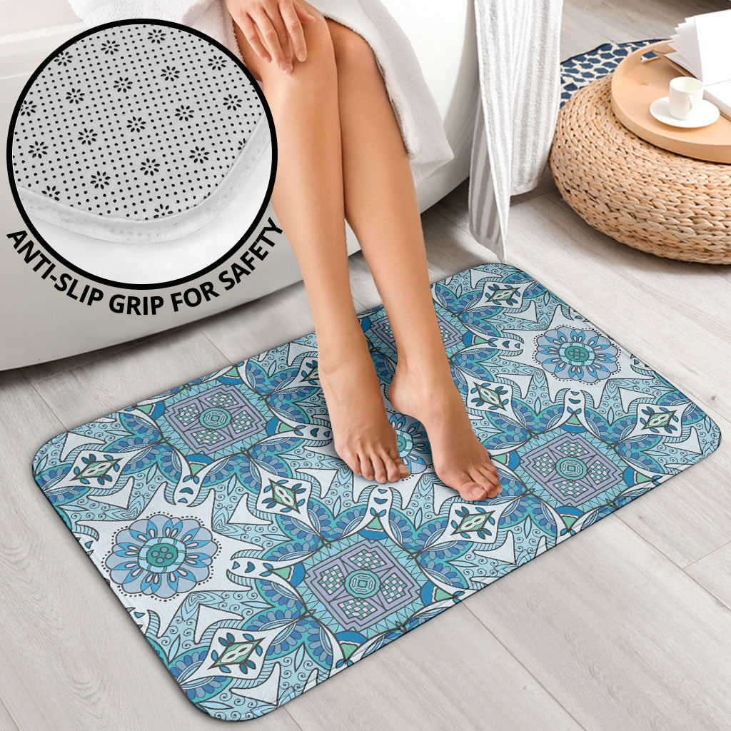 Indian Mandala Pattern Bathroom Set Blue Geometric Floral Mandala