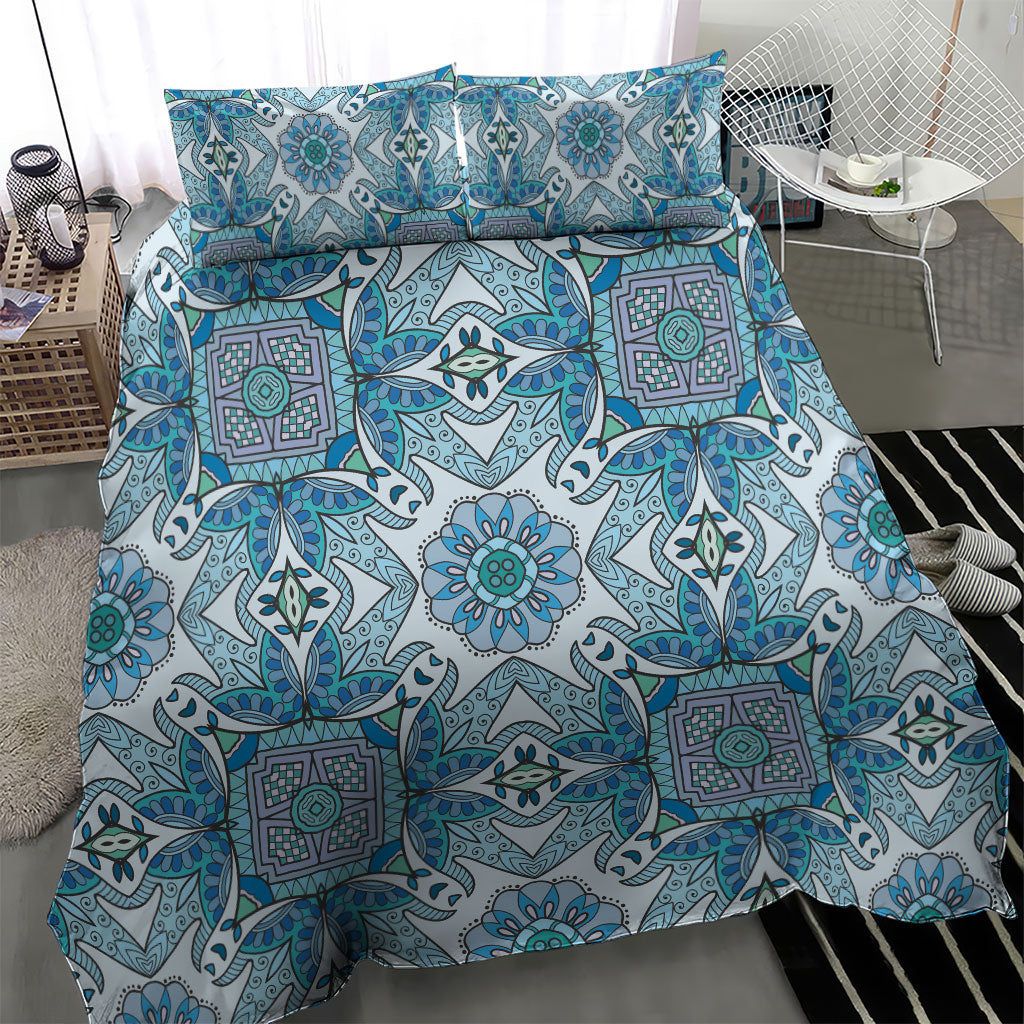 Indian Mandala Pattern Bedding Set Blue Geometric Floral Mandala