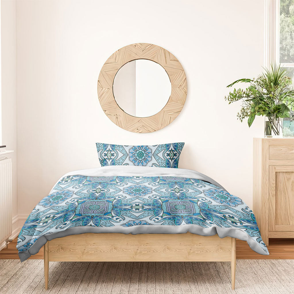 Indian Mandala Pattern Bedding Set Blue Geometric Floral Mandala