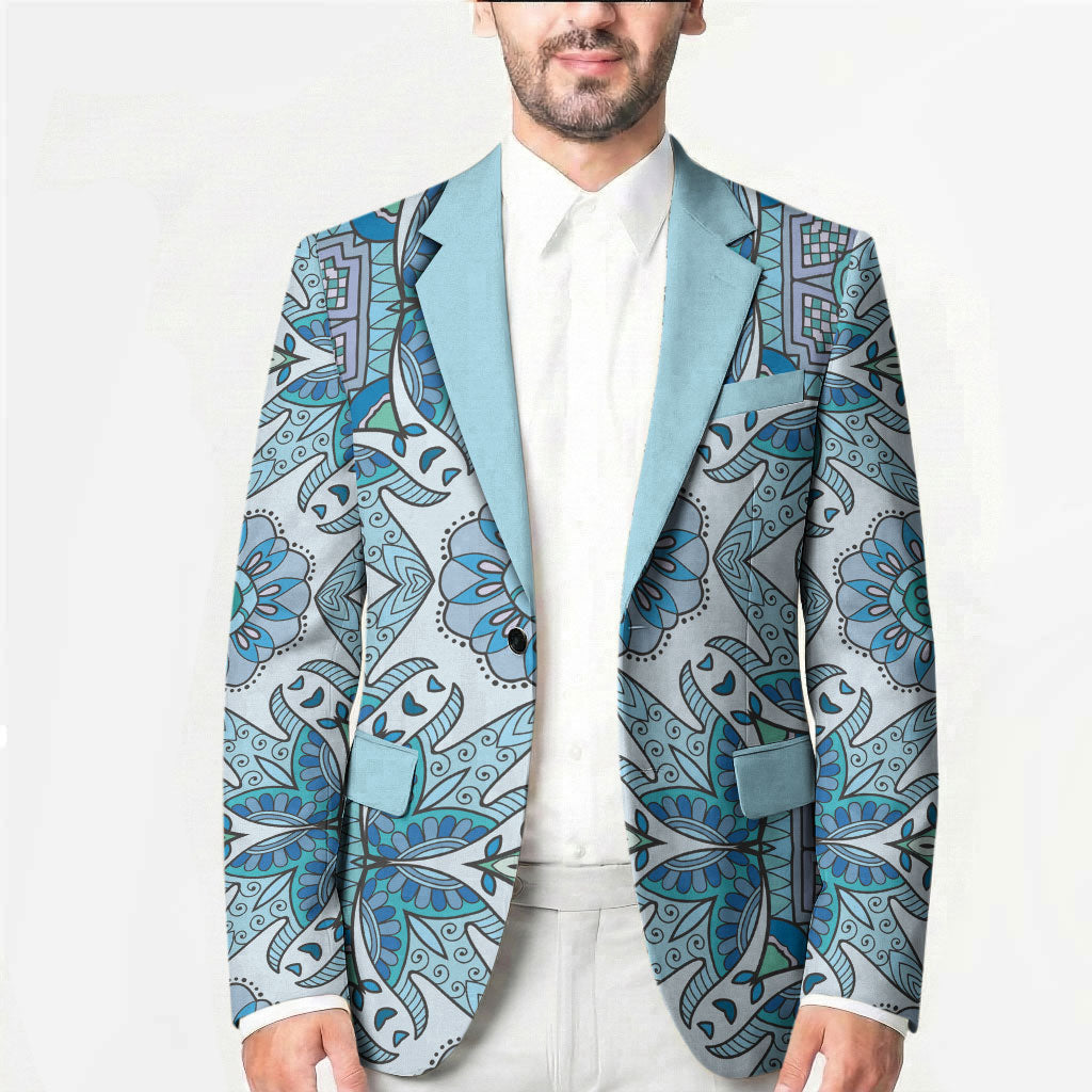 Indian Mandala Pattern Blazer Blue Geometric Floral Mandala