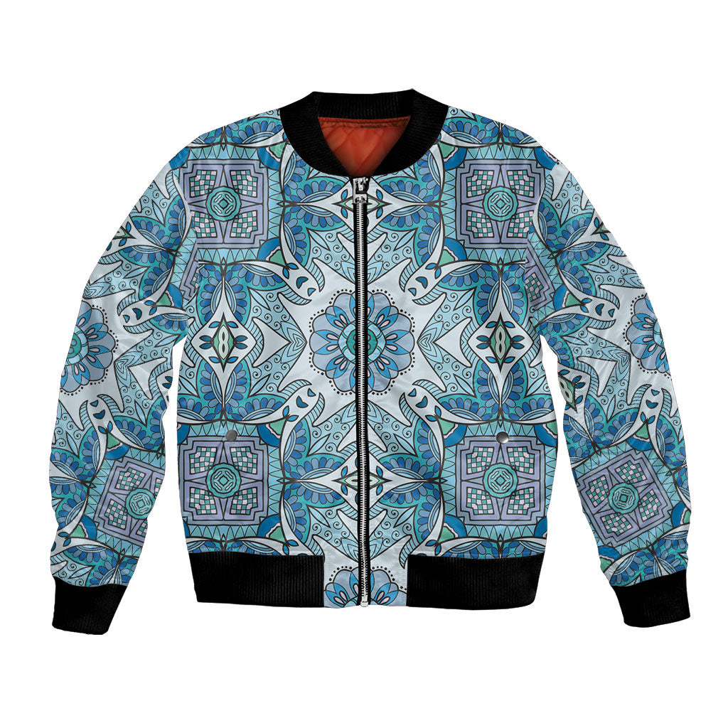 Indian Mandala Pattern Bomber Jacket Blue Geometric Floral Mandala