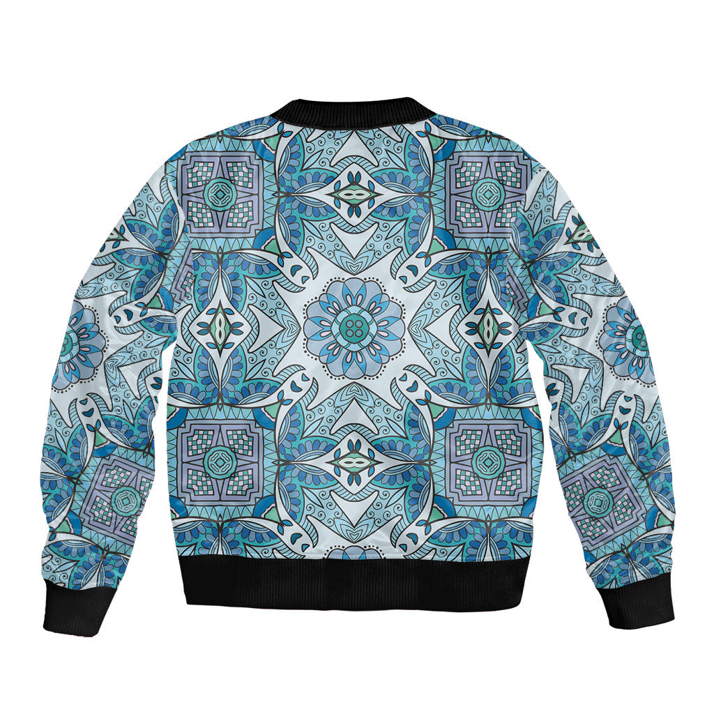 Indian Mandala Pattern Bomber Jacket Blue Geometric Floral Mandala