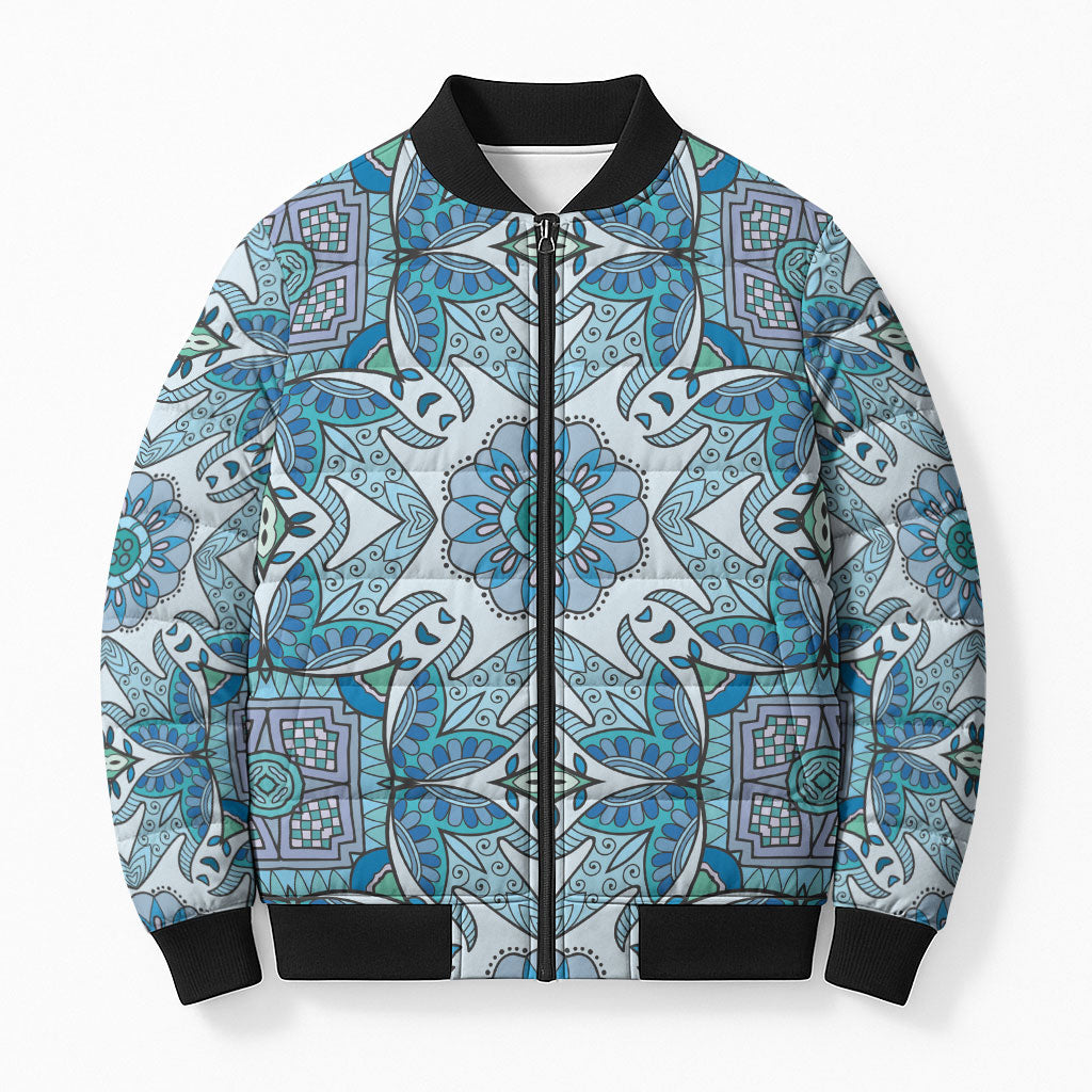 Indian Mandala Pattern Bomber Puffer Jacket Blue Geometric Floral Mandala