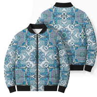 Indian Mandala Pattern Bomber Puffer Jacket Blue Geometric Floral Mandala