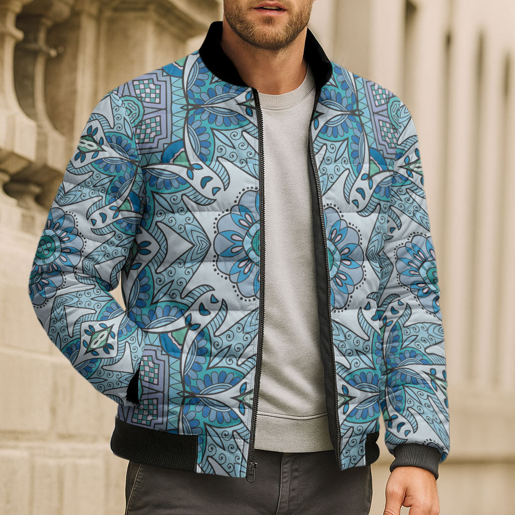 Indian Mandala Pattern Bomber Puffer Jacket Blue Geometric Floral Mandala