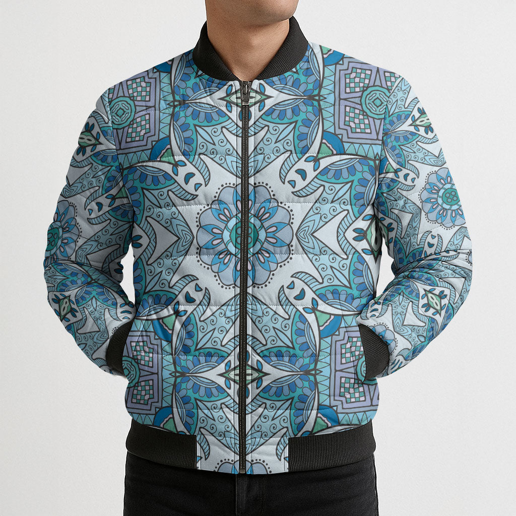 Indian Mandala Pattern Bomber Puffer Jacket Blue Geometric Floral Mandala