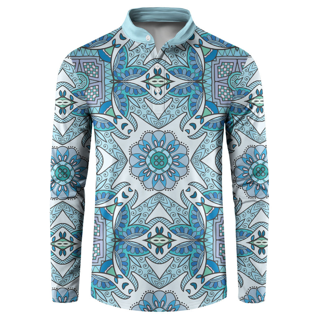 Indian Mandala Pattern Button Sweatshirt Blue Geometric Floral Mandala