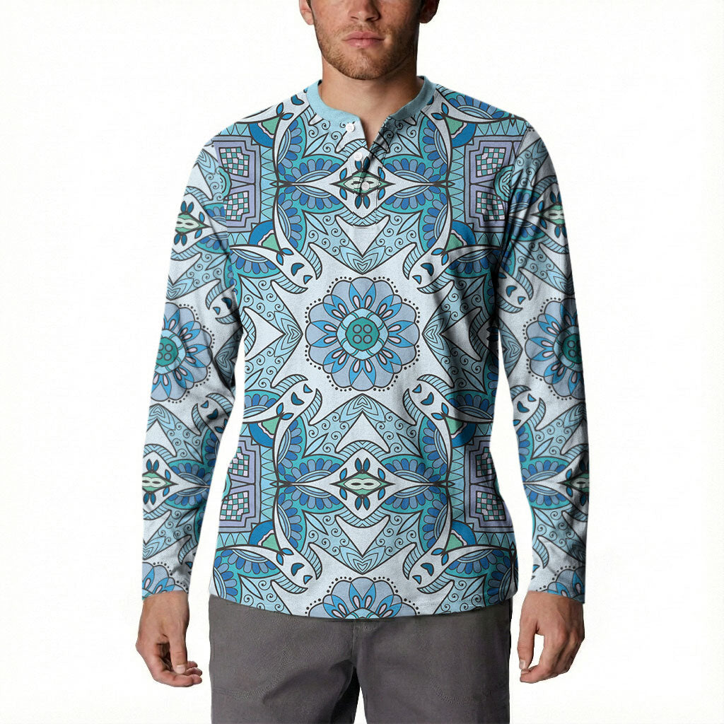 Indian Mandala Pattern Button Sweatshirt Blue Geometric Floral Mandala