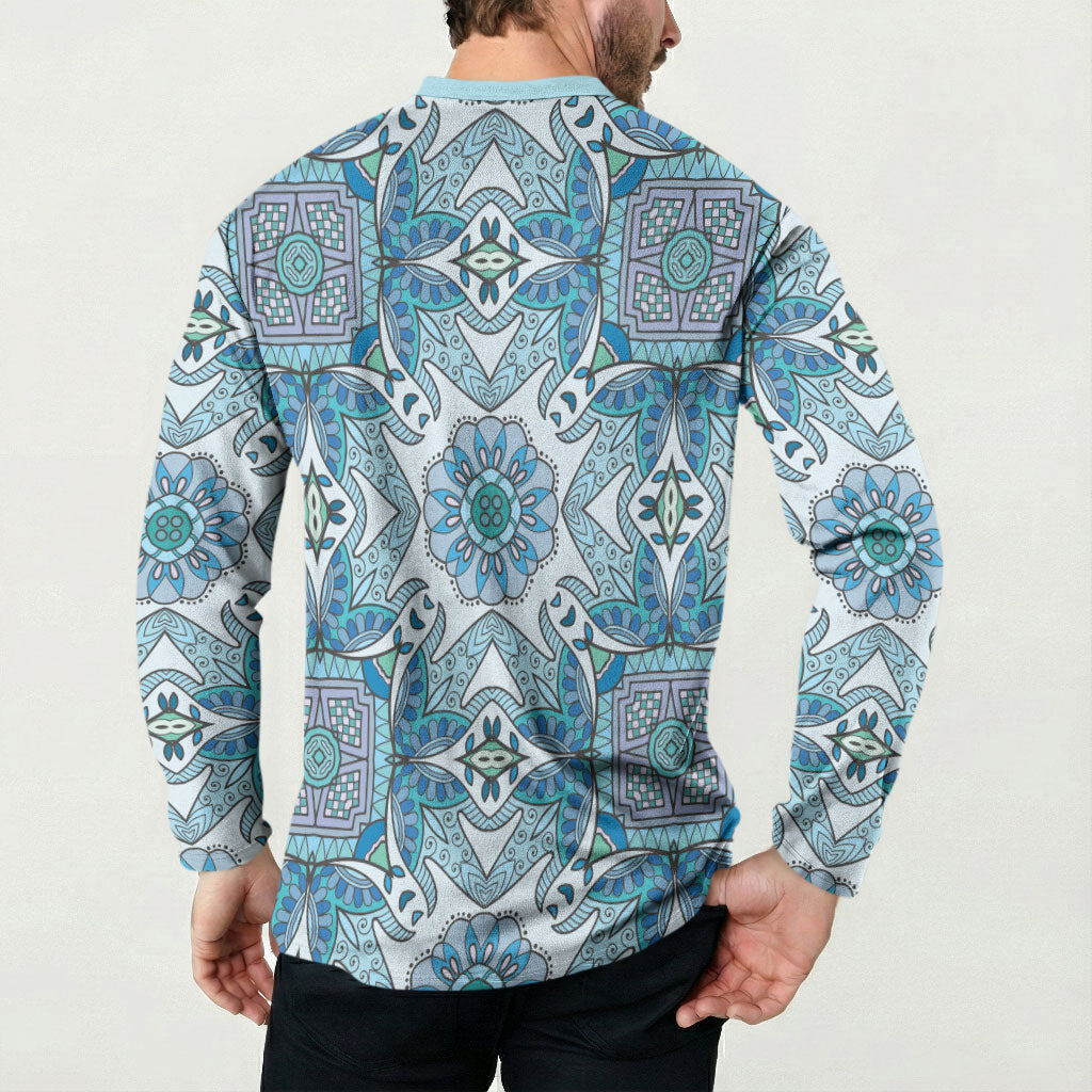 Indian Mandala Pattern Button Sweatshirt Blue Geometric Floral Mandala