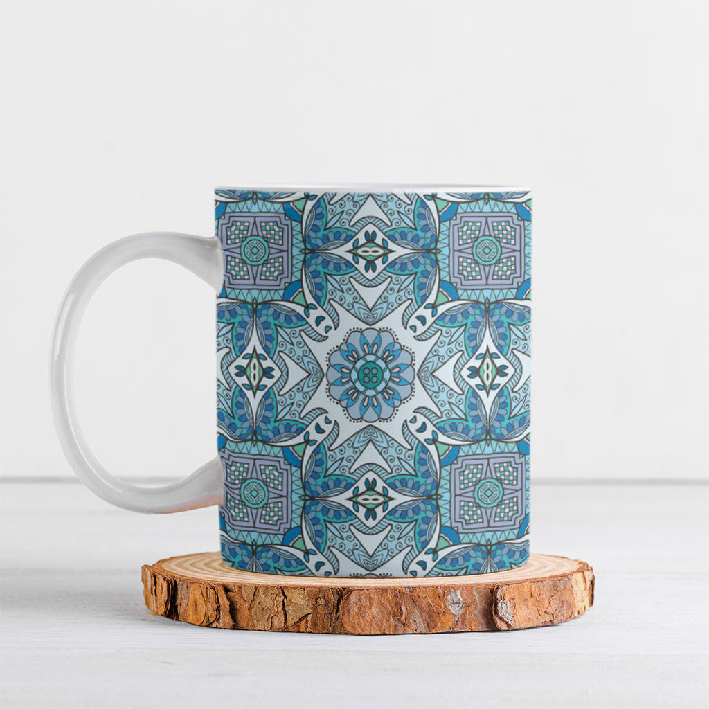 Indian Mandala Pattern Ceramic Mug Blue Geometric Floral Mandala