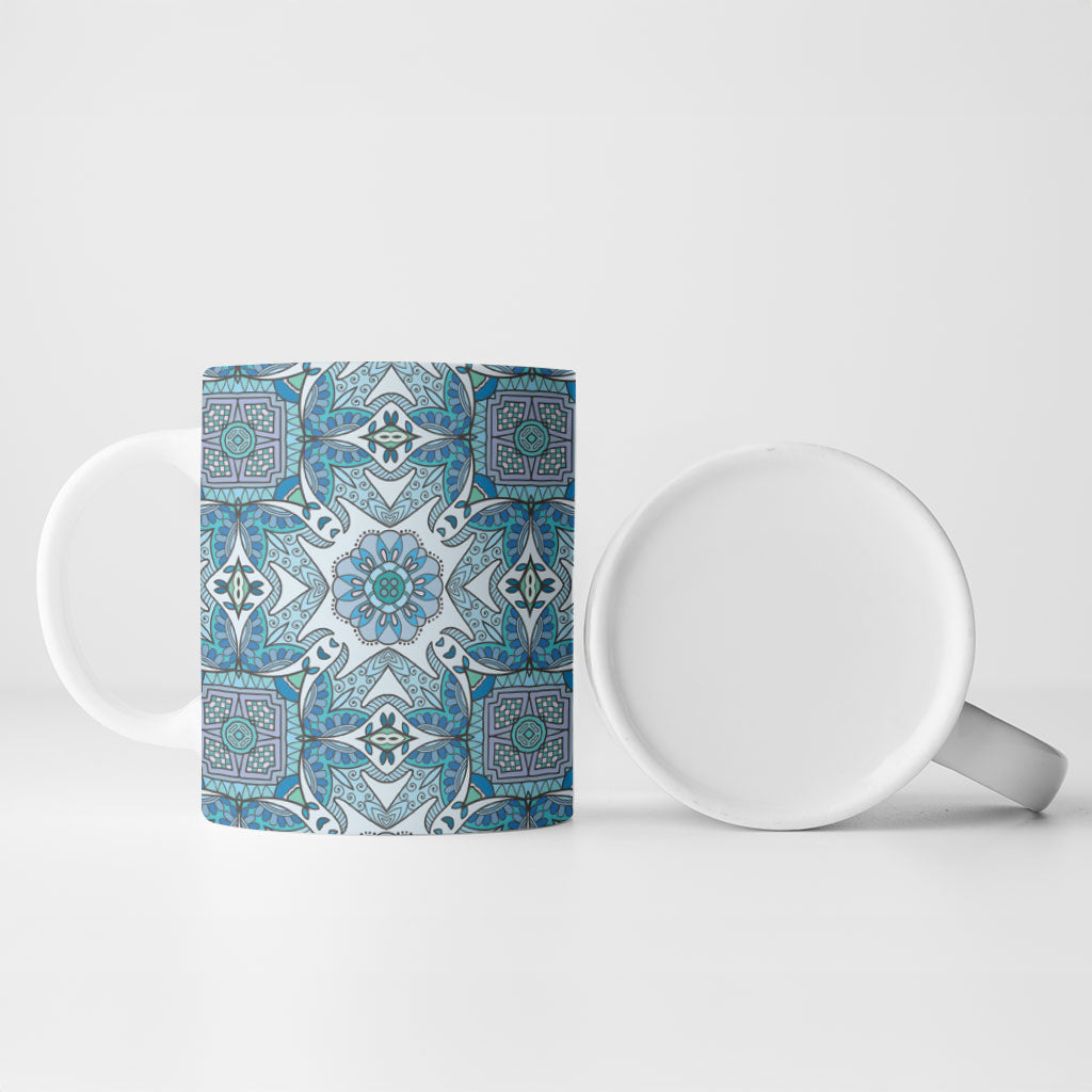 Indian Mandala Pattern Ceramic Mug Blue Geometric Floral Mandala