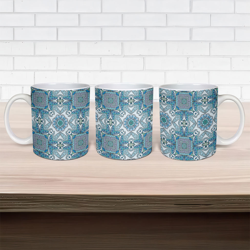 Indian Mandala Pattern Ceramic Mug Blue Geometric Floral Mandala