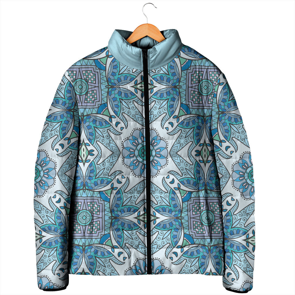 Indian Mandala Pattern Padded Jacket Blue Geometric Floral Mandala