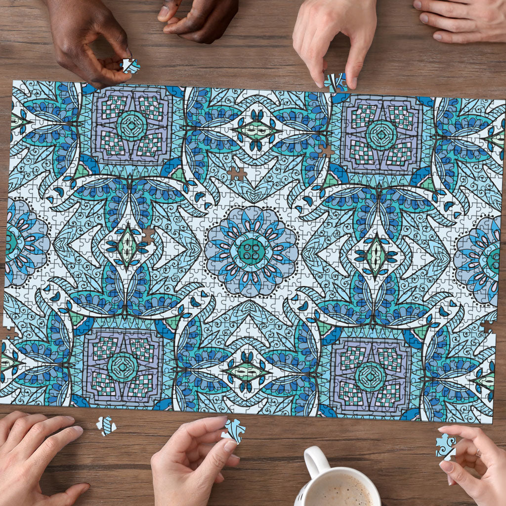 Indian Mandala Pattern Puzzle Blue Geometric Floral Mandala