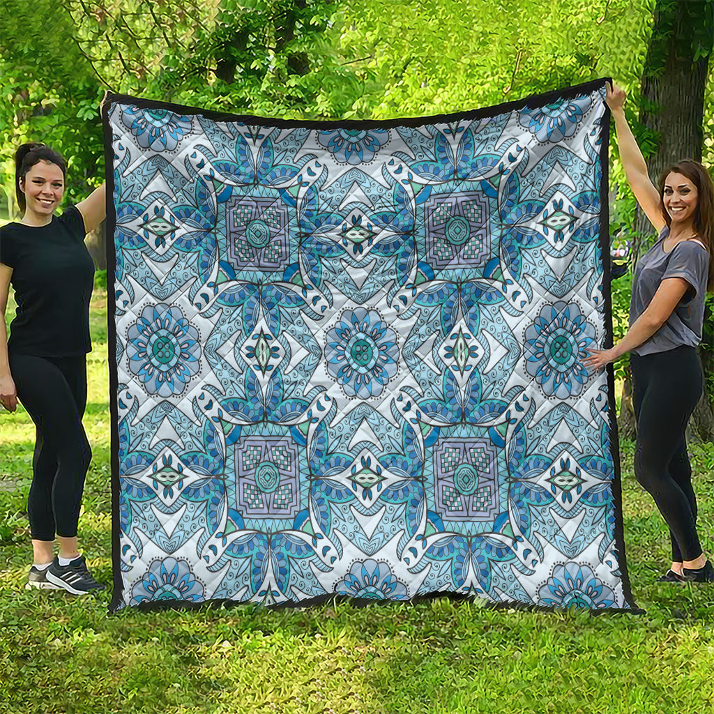 Indian Mandala Pattern Quilt Blue Geometric Floral Mandala