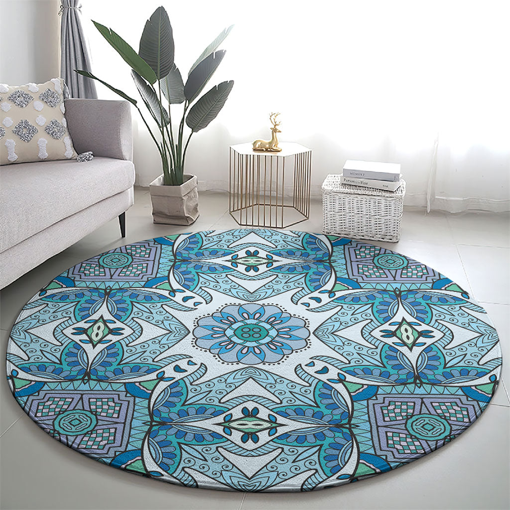 Indian Mandala Pattern Round Carpet Blue Geometric Floral Mandala