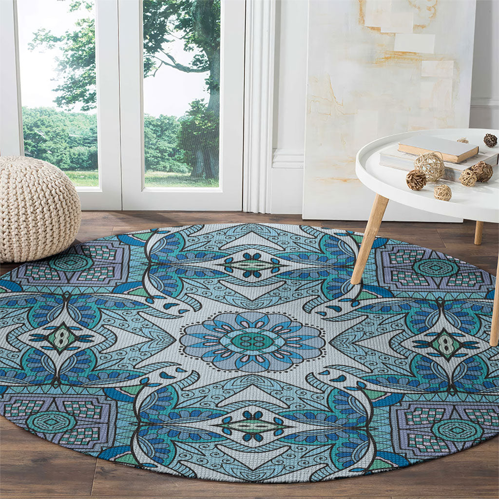 Indian Mandala Pattern Round Carpet Blue Geometric Floral Mandala