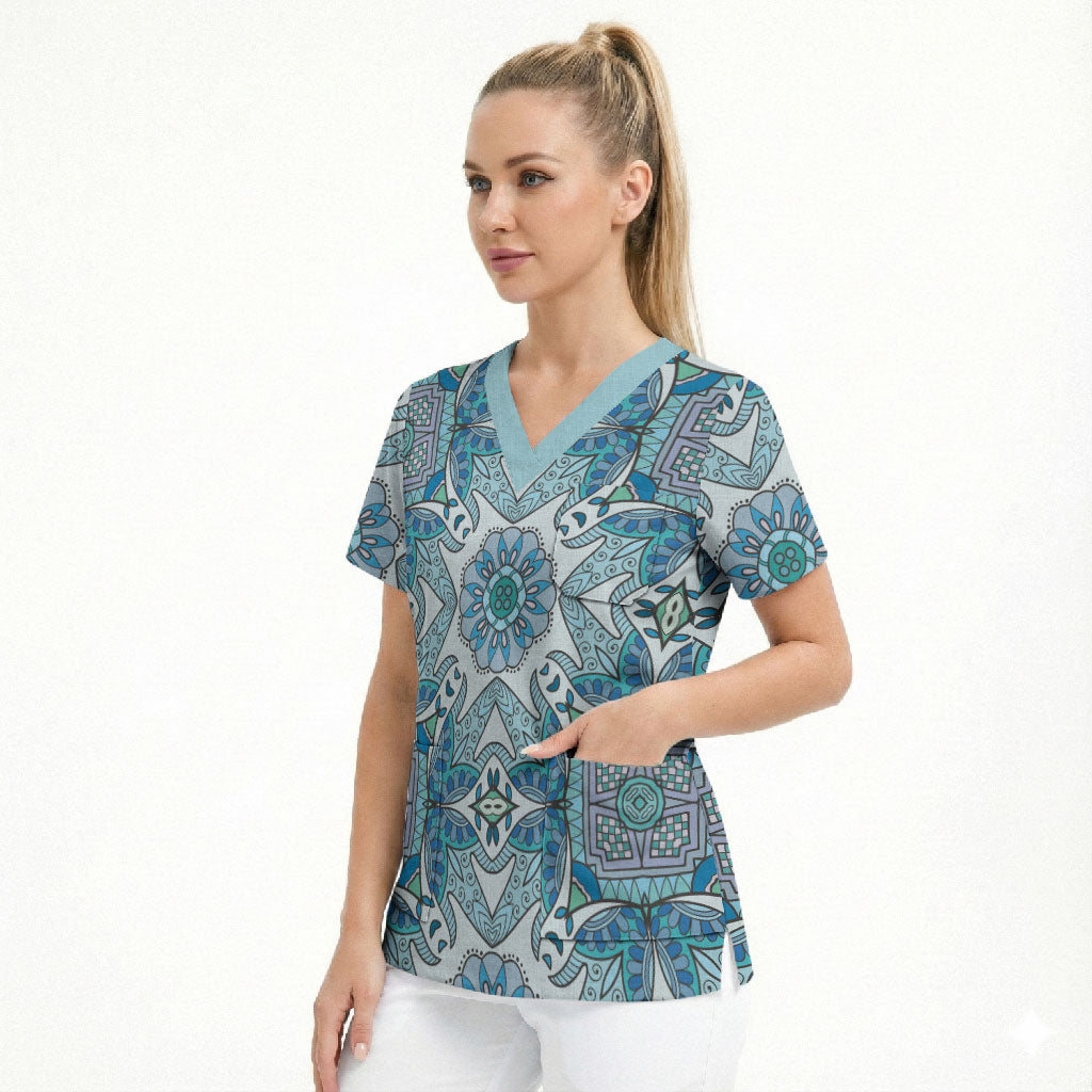 Indian Mandala Pattern Scrub Top Blue Geometric Floral Mandala
