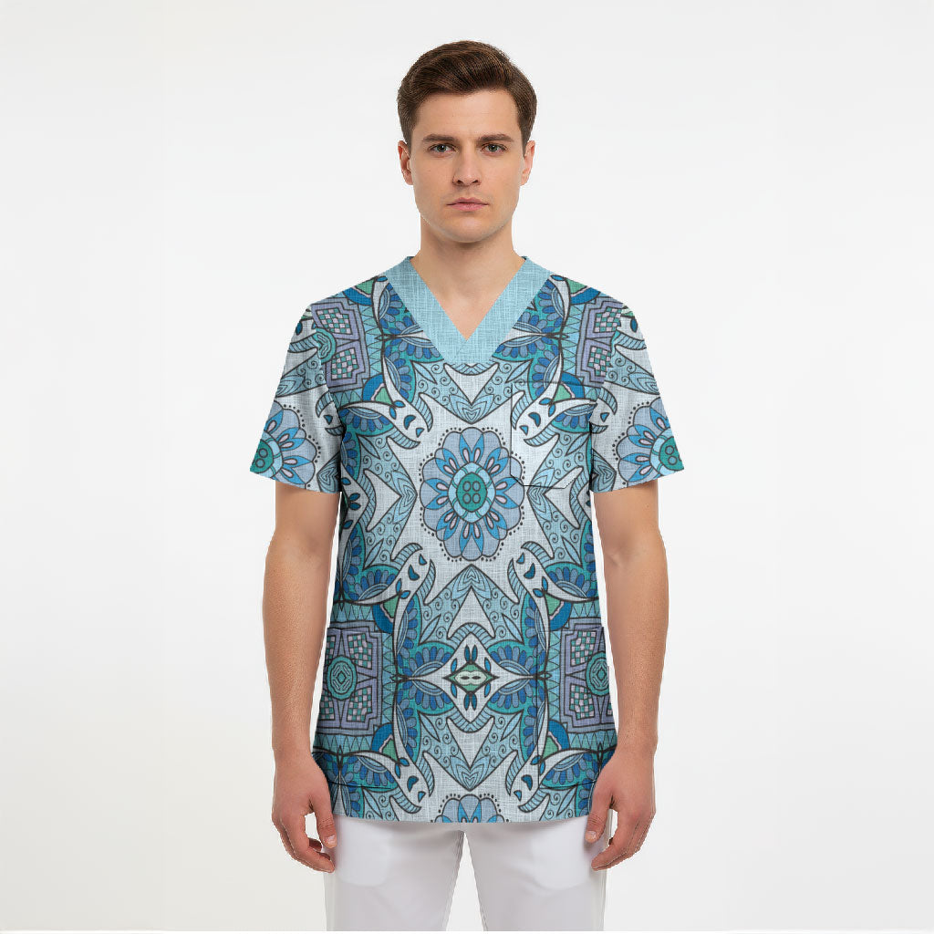 Indian Mandala Pattern Scrub Top Blue Geometric Floral Mandala