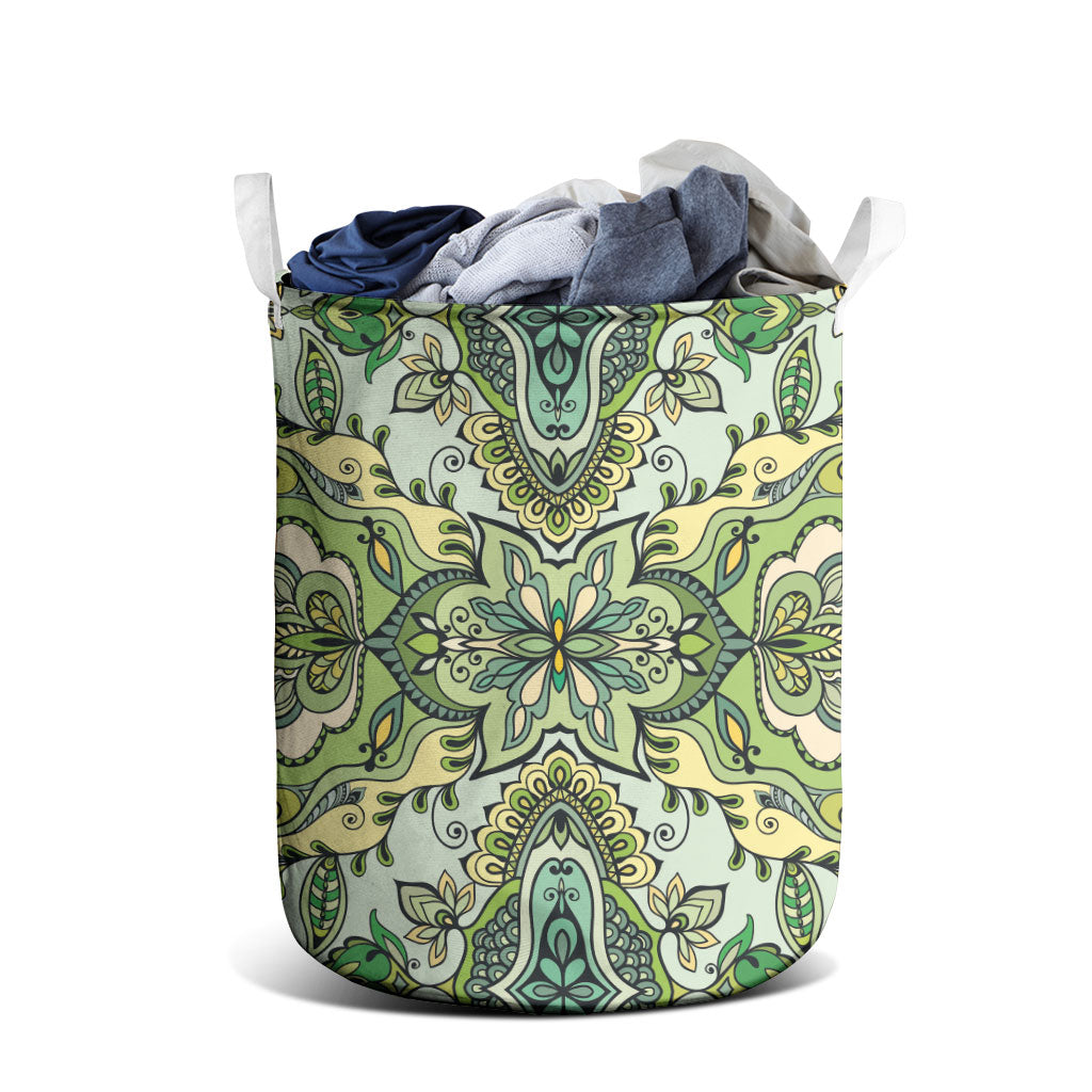 Indian Mandala Pattern Laundry Basket Green Geometric Floral Mandala