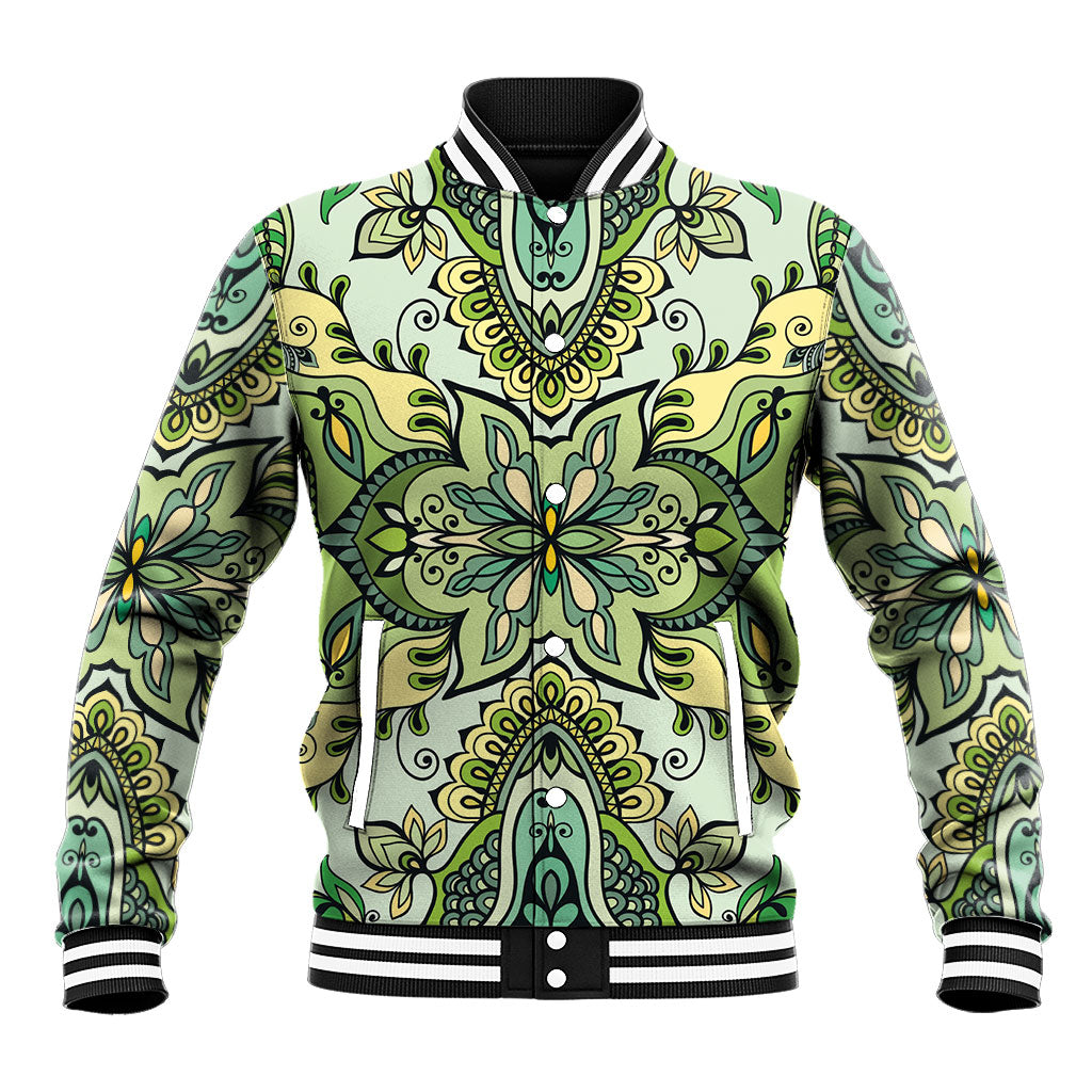 Indian Mandala Pattern Baseball Jacket Green Geometric Floral Mandala