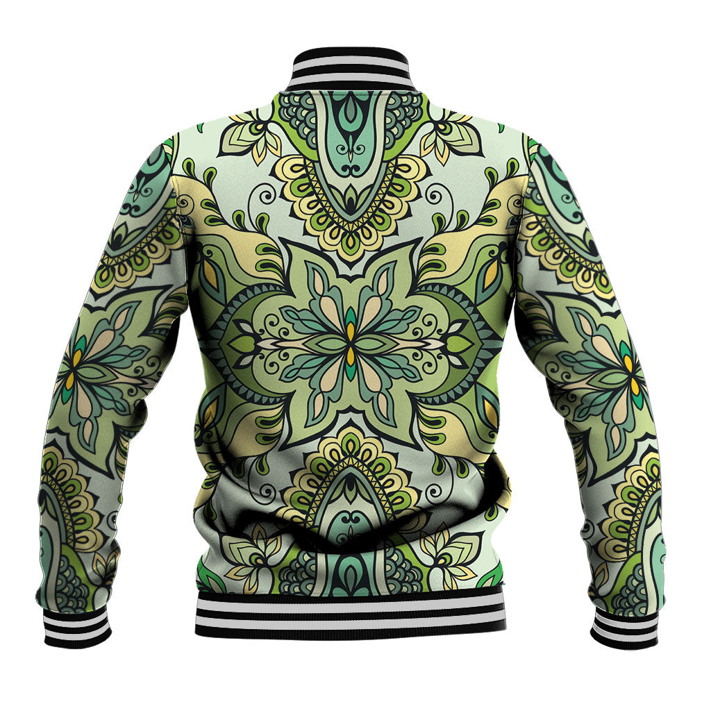 Indian Mandala Pattern Baseball Jacket Green Geometric Floral Mandala