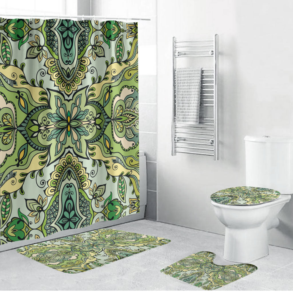 Indian Mandala Pattern Bathroom Set Green Geometric Floral Mandala